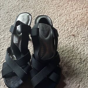 Alex Marie Black Crisscross Elastic Wedge Sandals